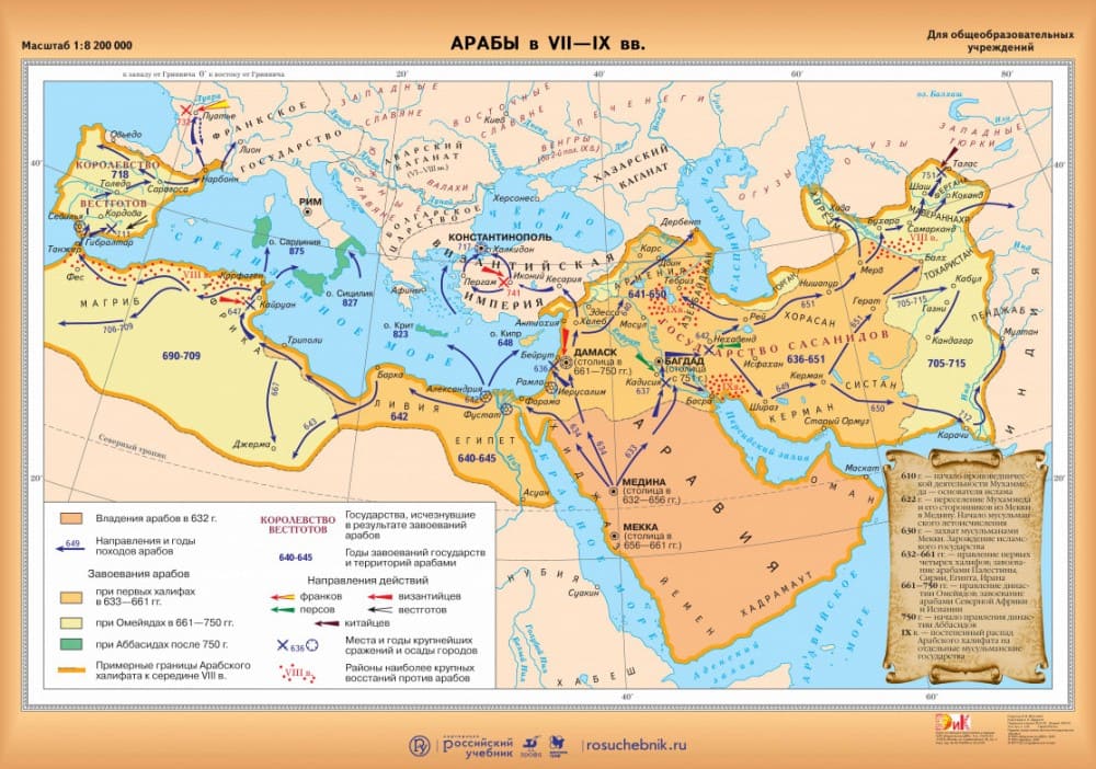 Карта двухстор. "Арабы в VII-IX вв. / Рим. имп. в IV-V вв. Пад.Зап.Римской империи" (70х100см, лам.)