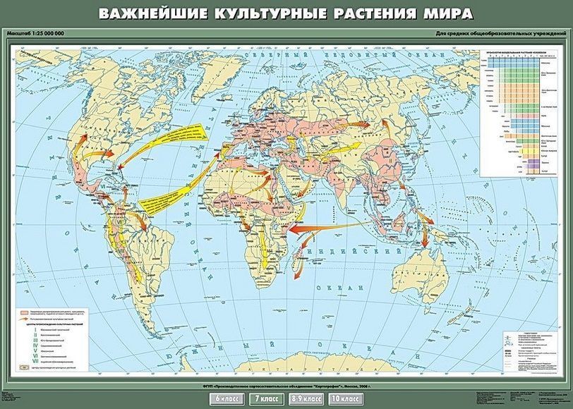 Карта "Важнейшие культурные растения мира" (100х140см, лам.)